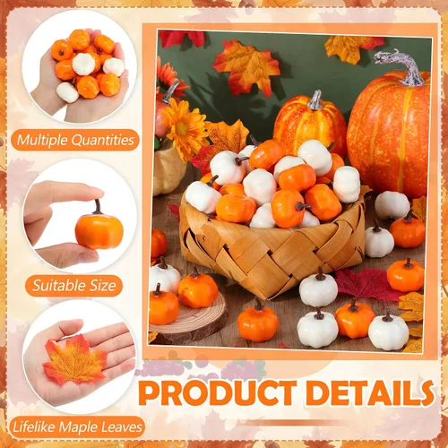 Miniatura 3 de Thyle 400 piezas de decoración de otoño a granel, 200 mini calabazas falsas y 200 piezas de hojas de otoño, juego de calabaza artificial