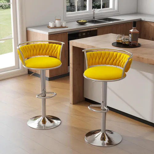 Miniatura 27 de Juego de 2 taburetes de bar giratorios de 360°, silla de bar de terciopelo ajustable a altura de mostrador moderna, taburete de metal plateado