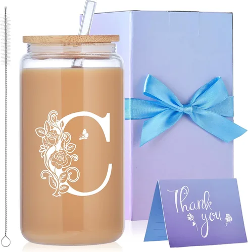 Miniatura 17 de Vasos de vidrio con iniciales con tapas y pajitas, regalos con monograma para mujeres, vaso de vidrio de cerveza de 16 onzas, taza de café helado