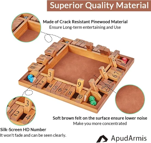 Miniatura 2 de ApudArmis Shut The Box de 4 vías, juego de mesa grande de madera con dados, 4 formas de jugar Shut-The-Box para adolescentes, complemento