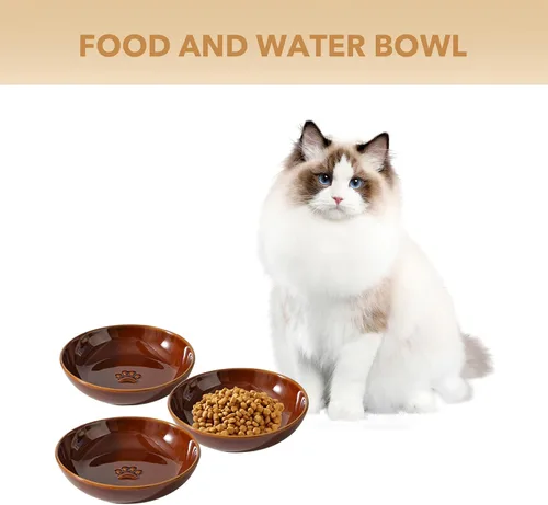 Miniatura 4 de Havniva Platos de cerámica anchos para gatos, amigables con los bigotes, juego de 3 tazones de cerámica para gatos con huella de pata, plato Marrón