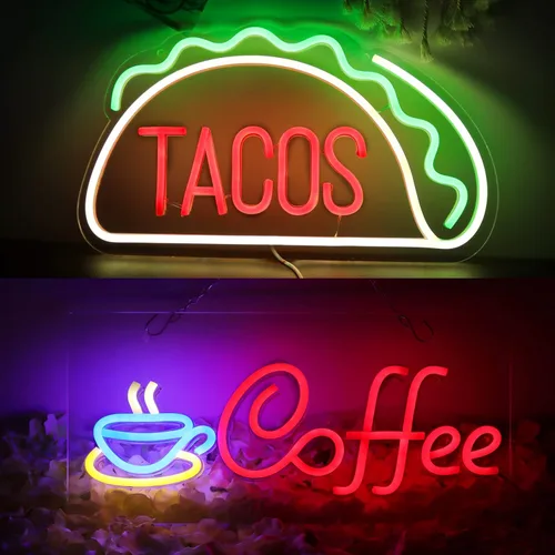 Letreros de neón café de 16.5 x 8.7 pulgadas (rojo, azul + amarillo) + letreros de neón de tacos de 15.8 x 8.7 pulgadas (rojo, verde + blanco cálido)