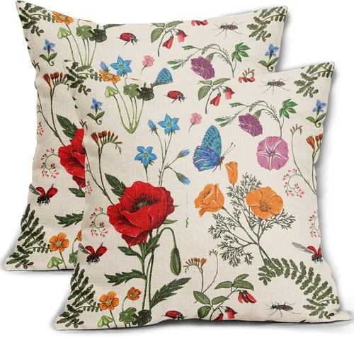 Miniatura 13 de Juego de 2 fundas de almohada de primavera de 16 x 16 pulgadas, diseño de conejo, flores rosas, hojas verdes salvia, plantas botánicas vintage