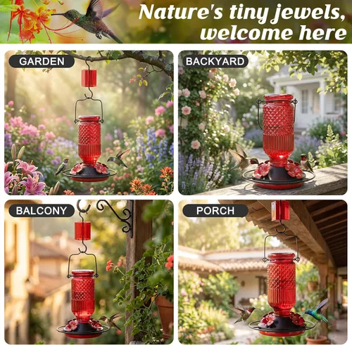 Miniatura 6 de FEED GARDEN Comedero de vidrio para colibríes para colgar al aire libre, comedero de colibríes de 16 onzas con 4 puertos de alimentación con Rojo