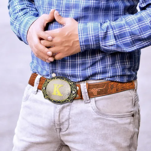 Miniatura 6 de RechicGu Cinturones occidentales para hombres y mujeres, letra inicial con hebilla grande con cuero marrón de cuerno largo, cinturón vaquero grabado