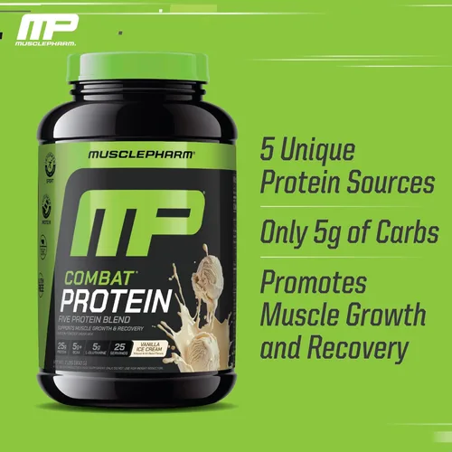 Miniatura 4 de MusclePharm - Proteína en polvo de combate, sabor a vainilla, alimenta los músculos para entrenamientos productivos, 5 fuentes de proteína