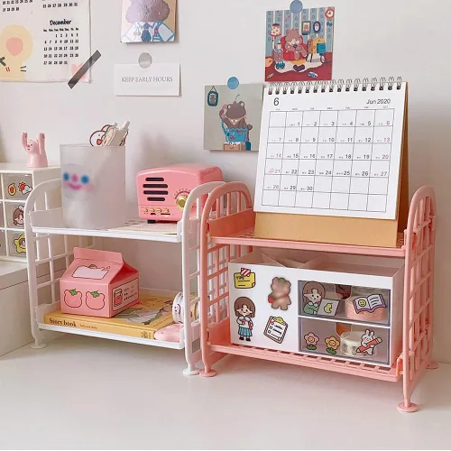 Miniatura 6 de organizador de escritorio para cosméticos y papelería, estante multifuncional de 2 niveles, organizador de maquillaje para cuidado de la piel