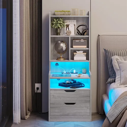 Miniatura 14 de BTHFST Mesita de noche alta con luces LED y estación de carga, mesita de noche LED negra con estantes y 2 cajones, mesita de noche con estantería