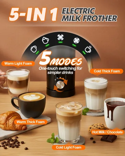 Miniatura 2 de Espumador de leche eléctrico 5 en 1, espumador de leche automático para hacer chocolate caliente con mango de grano de madera, calentador de leche