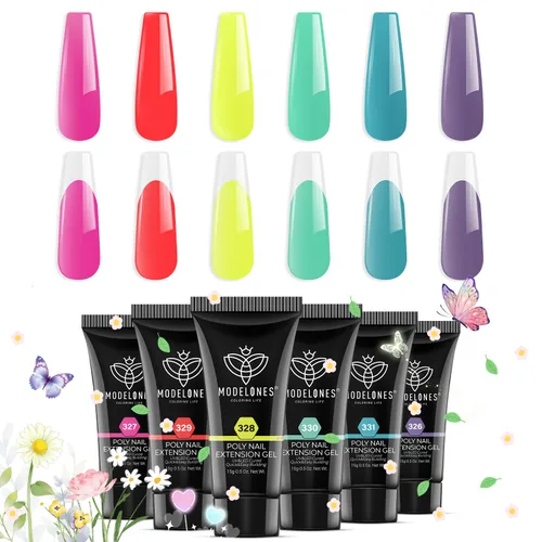 Miniatura 11 de Modelones - Juego de gel de uñas de polietileno, 6 colores de la colección Confeti Rosa, rosa desnudo, colores con purpurina, gel de extensión