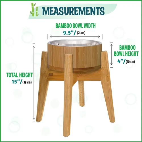 Miniatura 4 de Cuencos elevados para perros para razas grandes, soporte elevado de bambú (15 pulgadas de alto) con plato de acero inoxidable, adecuado