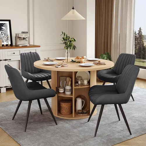Miniatura 34 de Miereirl Juego de mesa y sillas de comedor moderno redondo, con una mesa de comedor de madera equipada con compartimentos de almacenamiento
