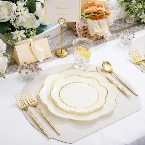 Miniatura 6 de ejonirinjonir EI - 180 platos de plástico beige con cubiertos de plástico dorado, platos desechables de alta resistencia para fiestas, juego