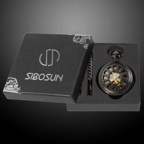 Miniatura 7 de SIBOSUN Reloj de bolsillo esqueleto especial 12 - Pequeño - Diseño de caja de ventana para hombre, color negro, mecánico con caja de cadena