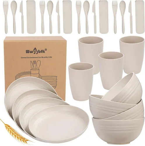Juego de vajilla de paja de trigo para 4, platos y tazones de paja de trigo, platos de cocina, 28 piezas, artículos esenciales para dormitorio
