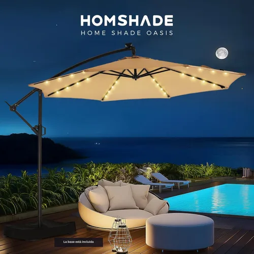 Miniatura 9 de HOMSHADE - Sombrilla de patio de 10 pies con luces solares, voladiza, con luz y base, sombrilla colgante para exteriores con protección UV UPF50+