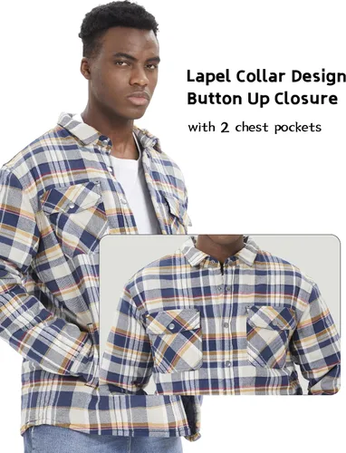Miniatura 5 de MAGCOMSEN Chaqueta tipo camisa de franela para hombre con forro acolchado de manga larga a cuadros, con botones, gruesa, para invierno