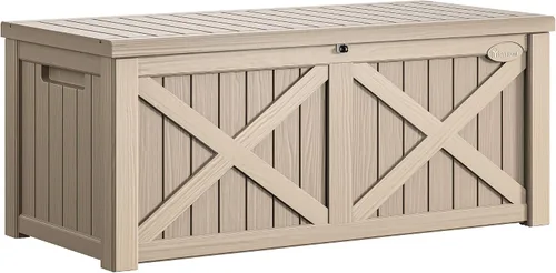 Miniatura 12 de YITAHOME Caja grande de cubierta de 120 galones con parte delantera en forma de X, cajas de almacenamiento de resina para exteriores, banco de Negro
