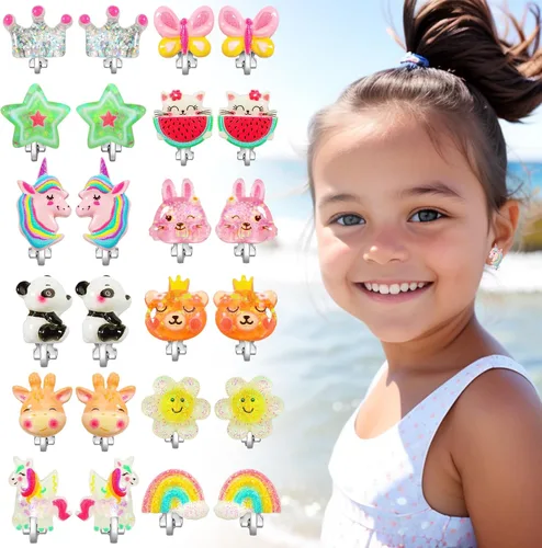 Miniatura 2 de PinkSheep Aretes de clip para niñas y niños, 12 pares de aretes kawaii de mariquita, unicornio, arcoíris, princesa, regalo para niña