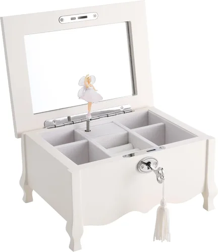 Joyero musical de bailarina grande con patas blancas con espejo y cerradura para niñas, organizador de joyas para niños, caja musical para
