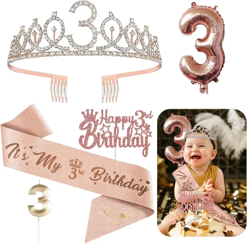 Decoraciones de cumpleaños de 3 para ella – 5 regalos que incluyen corona de tercera tiara, banda, decoración de pasteles, globos, velas de