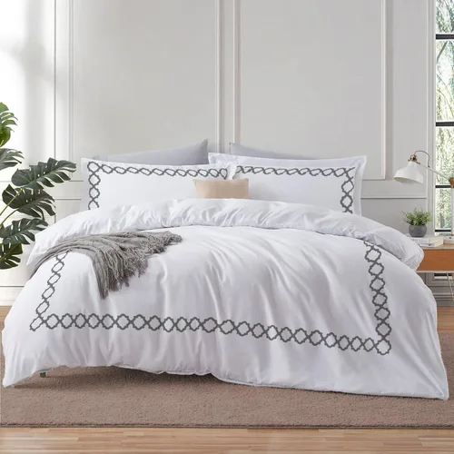 Miniatura 17 de BedDecor: Enchanted Oasis - Juego de funda de edredón de 3 piezas de 600 hilos de algodón egipcio con bordado de cuadrifolio, ultra suave
