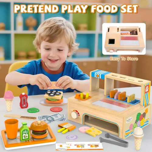 Miniatura 3 de Juegos de comida plegables de madera para jugar, contador de sándwiches con almacenamiento, 56 piezas de juguete de cocina de juego de simulación
