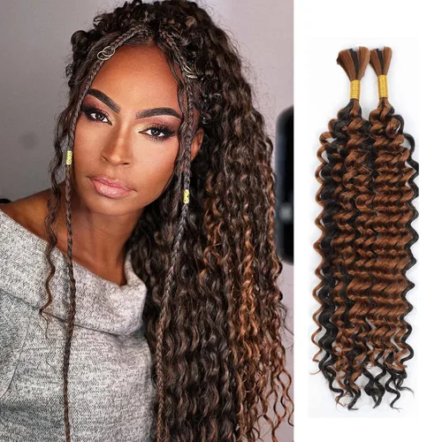 Miniatura 40 de Mezcla de cabello humano trenzado sintético bohemio para trenzar, 16 pulgadas de onda profunda a granel para trenzas bohemias, 2 piezas de cabello 1b