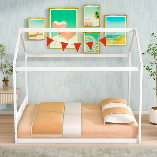 MERITLINE Cama de casa tamaño Queen para niños, cama Montessori de madera con cabecero, techo y listones de soporte, marco de cama Queen para niños