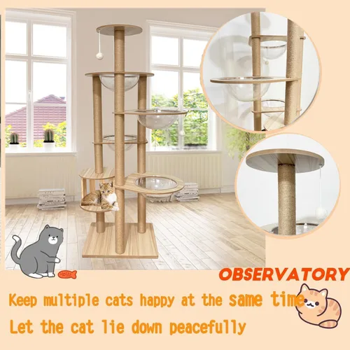 Miniatura 4 de Árbol para gatos de 183 cm para gatos de interior, grande para adultos, con 4 cuencos, 12 postes de rascar de sisal, 1 jaula para gatos, posadero