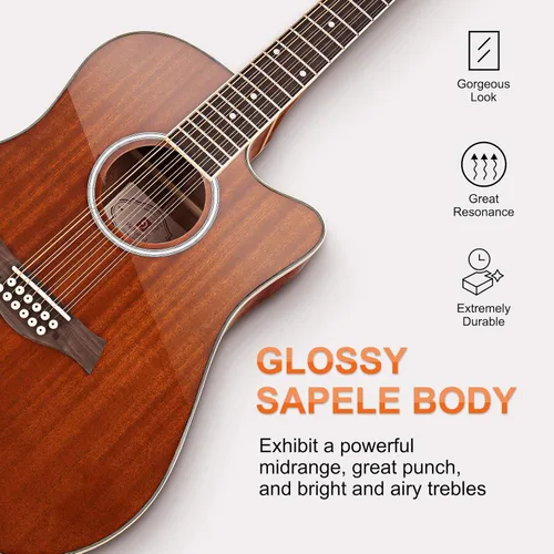 Miniatura 7 de Vangoa Guitarra de 12 cuerdas, paquete de guitarra acústica eléctrica Dreadnought Cutaway con juego de cuerdas