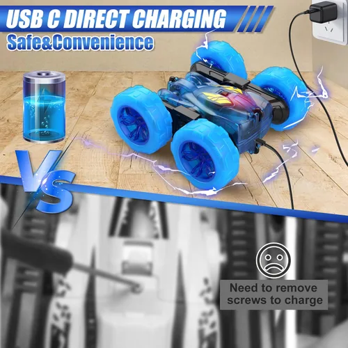 Miniatura 2 de Coche de Control Remoto, Autos RC de Acrobacias Para Niños con Luz Colorida, Carga Rápida USB-C, Juguetes de Coche Camión RC 4WD Recargable con Azul