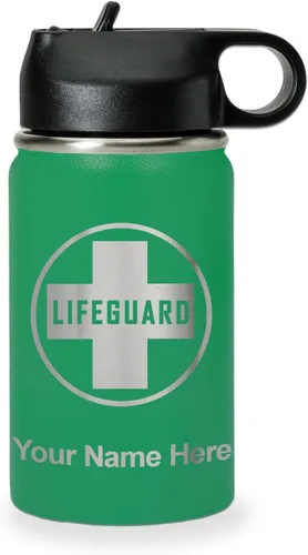 Miniatura 63 de LaserGram Botella de agua personalizada, salvavidas, acero inoxidable de doble pared aislada al vacío con popote superior, regalo grabado Negro