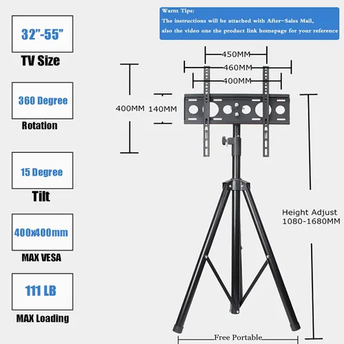 Miniatura 4 de YFLY Trípode negro Pantalla de TV Soporte de piso portátil Soporte de altura ajustable para pantallas planas de 32" a 55