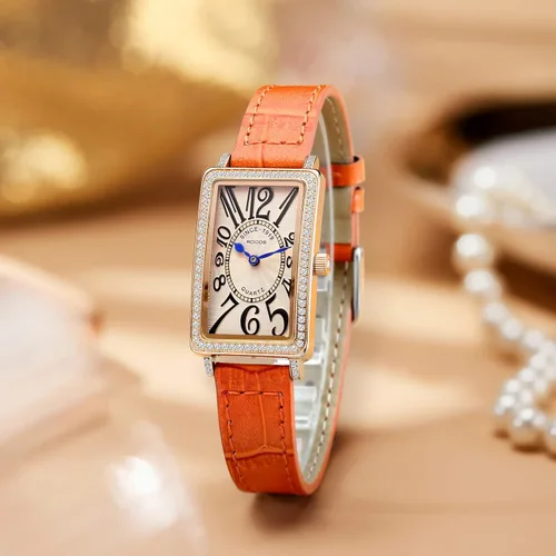 Miniatura 3 de Reloj rectangular de oro rosa para mujer con bisel de piedra blanca y esfera naranja, marcadores numéricos irregulares de hora, reloj de pulsera