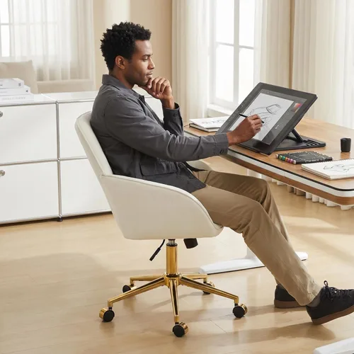 Miniatura 2 de YISHENG Silla de oficina en casa de terciopelo con base dorada, silla tapizada y acolchada moderna ajustable en altura, silla de escritorio dorado