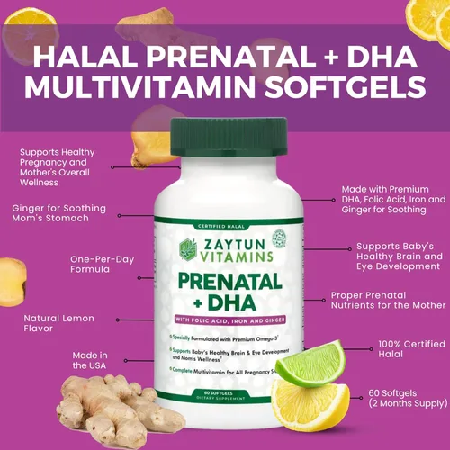 Miniatura 4 de Zaytun Vitamins Vitaminas prenatales halal + DHA, hierro de ácido fólico, jengibre para calmar, un día, para todas las etapas del embarazo, sin