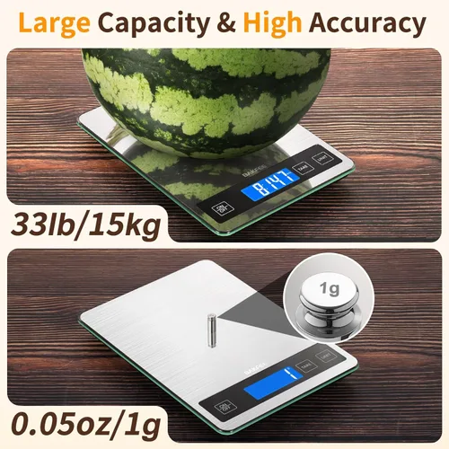 Miniatura 2 de Báscula de cocina digital de 33 lb con acero inoxidable y vidrio templado, recargable por USB, graduación precisa de 1 g / 0.05 oz, superficie