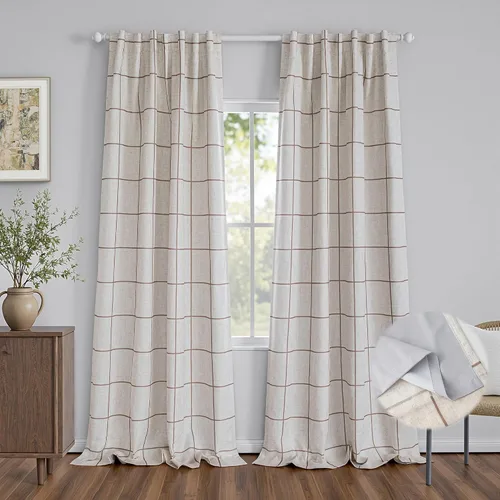 Miniatura 17 de MYSKY HOME Cortinas de Lino a Cuadros 100% Opacas de 45 Pulgadas de Largo de Doble Capa Estilo Granja con Aislamiento Térmico Estampado a Cuadros