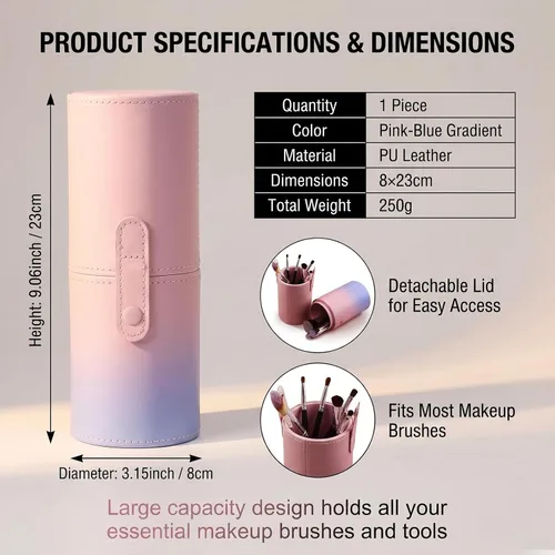 Miniatura 2 de VASANA Organizador de brochas de maquillaje de piel sintética rosa con tapa, herramientas de maquillaje portátiles, estuche organizador de gran