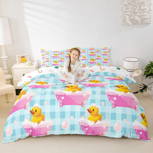 Miniatura 4 de Erosebridal Funda de edredón para niños y niñas, diseño de pato amarillo, diseño de patos de dibujos animados, juego de ropa de cama de animales