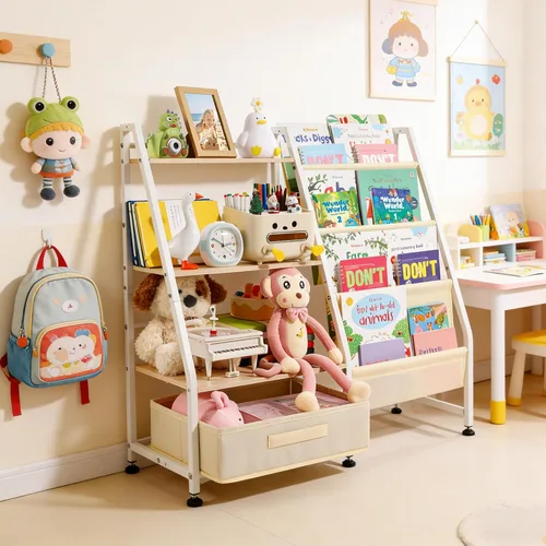 Miniatura 6 de Estantería para niños y almacenamiento de juguetes para habitaciones de niños, estantería para bebés con 4 estantes de eslinga y organizador