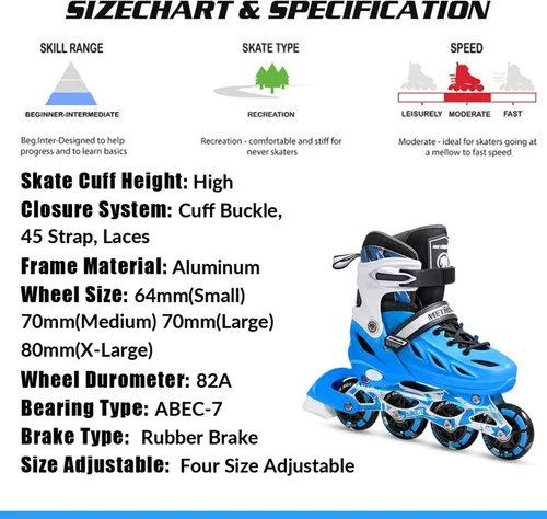 Miniatura 6 de METROLLER Patines en línea para niñas y niños, mujeres, hombres, 4 tallas ajustables, patines en línea con ruedas que se iluminan, patines Azul