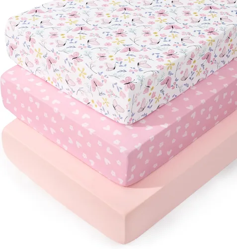 Miniatura 39 de PHF 3 paquetes de sábanas de cuna suaves, sábanas bajeras florales rosa transpirables y cómodas para niñas, ajuste universal sin deslizamiento