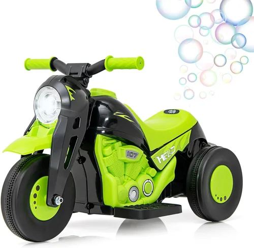 OLAKIDS Motocicleta para niños, coche eléctrico de 6V con función automática de burbujas, pedal de pie, faro, música, vehículo de 3 ruedas Manzana