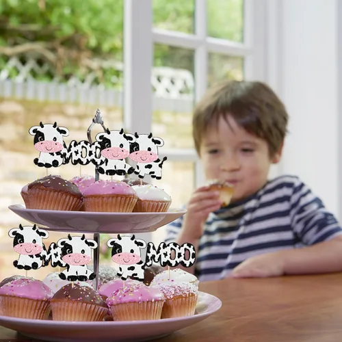 Miniatura 7 de Rsstarxi Paquete de 24 adornos para cupcakes de vaca con purpurina de animales de granja Moo para cupcakes temáticos de vaca, baby shower, fiesta