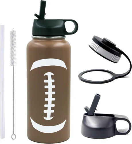 Miniatura 11 de Botella de agua de béisbol de 18 onzas, botella deportiva de boca ancha, vaso de viaje de metal con 2 tapas, botellas de agua aisladas al vacío