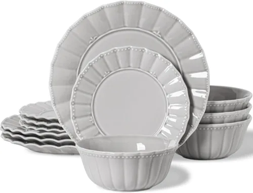 HOMBENE Juego de vajilla, 12 piezas de platos y tazones para 4, juego de vajilla moderno de cerámica para fiesta, juego de vajilla de porcelana,