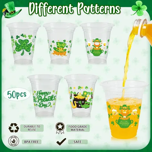 Miniatura 2 de Vasos desechables para el día de San Patricio, 50 vasos de plástico transparente desechables de trébol verde de 12 onzas con múltiples estilos