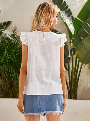 Miniatura 2 de WDIRARA - Blusa a rayas con volantes, manga casquillo y cuello en V con muesca para mujer